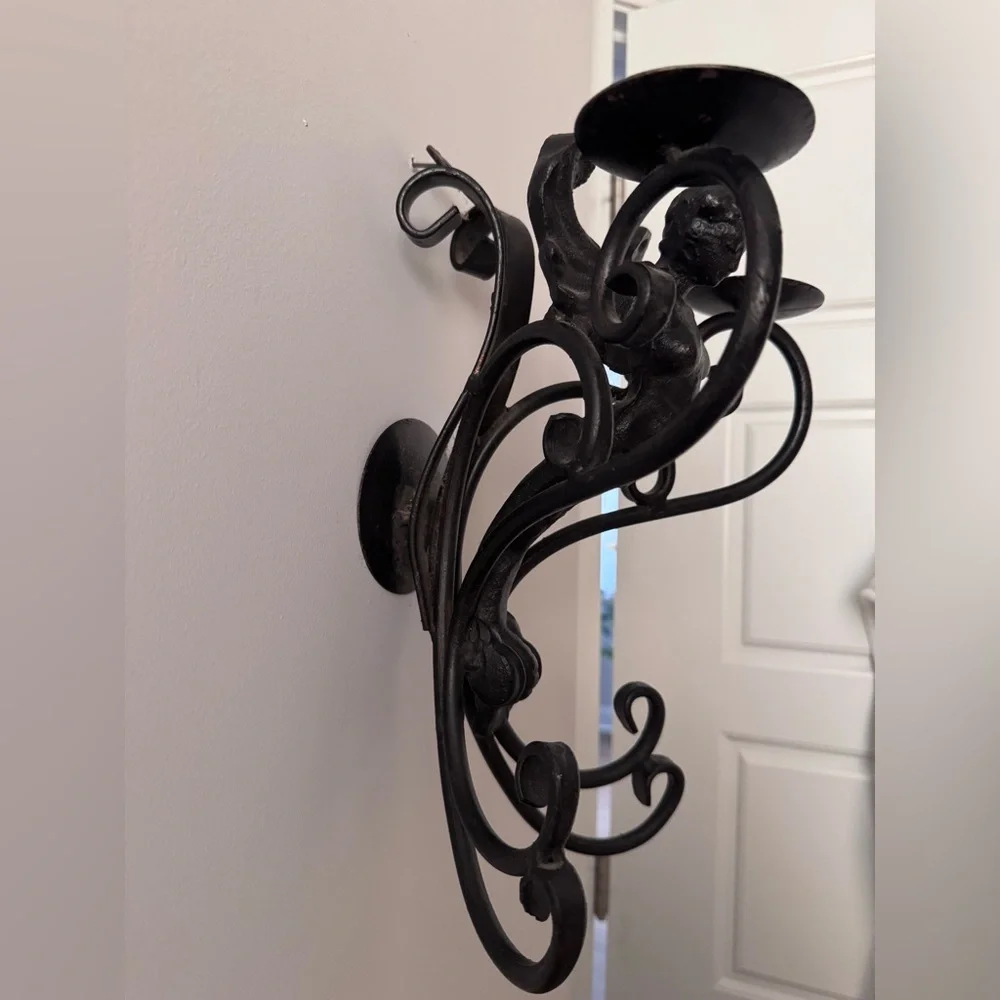Rare Vintage Pair of Cast Iron Figural Nude/Angel Double Candle Wall Sconces